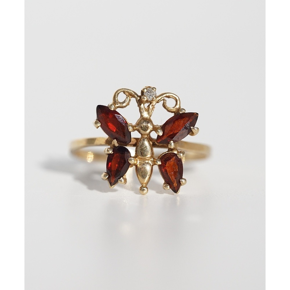 Vintage 10k Solid Yellow Gold Natural Diamond & Garnet Butterly Ring - Size 5.75